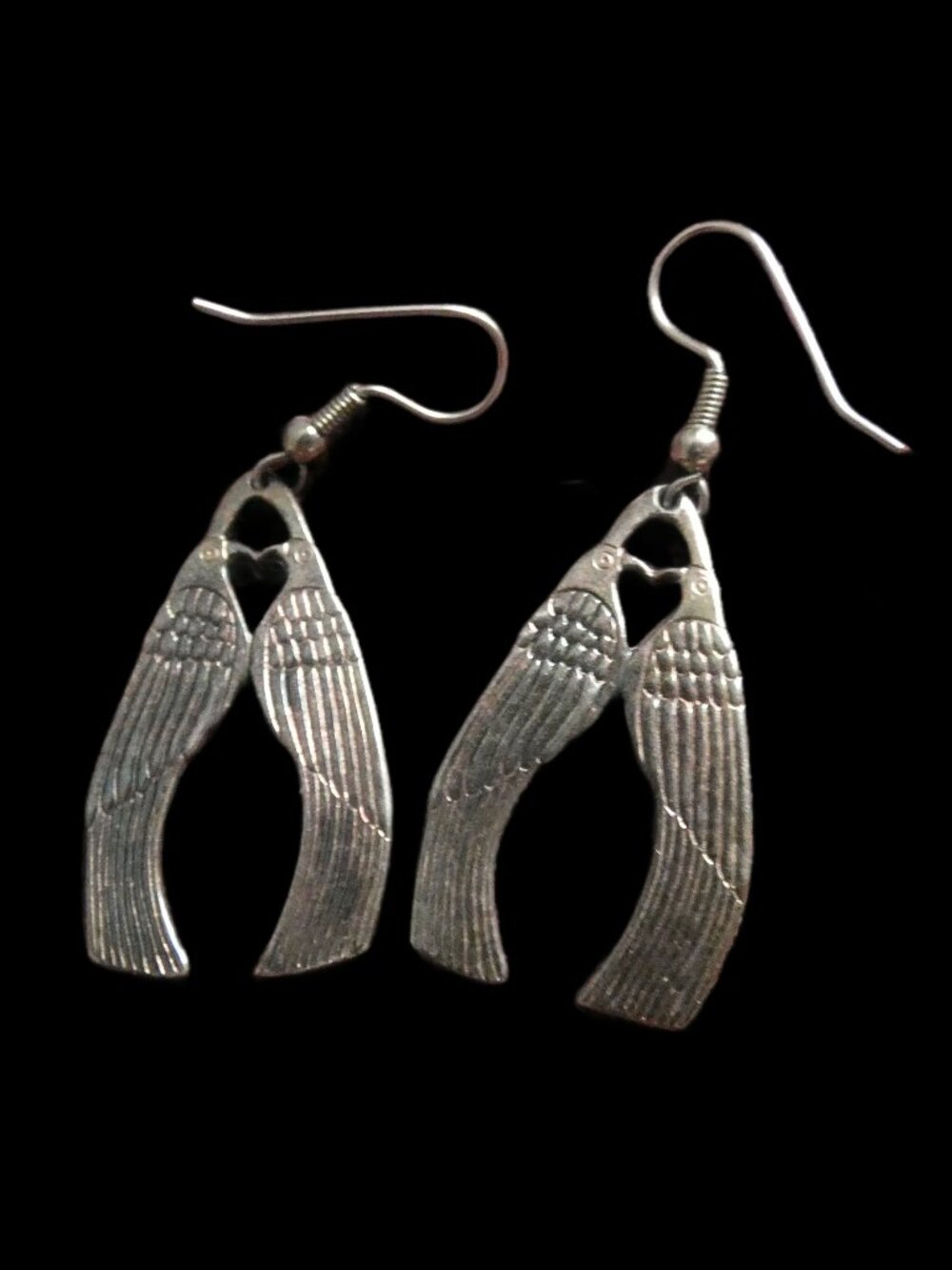 Vintage Laurel Burch Kissing Lovebirds Silver Tone Statement Earrings Boho